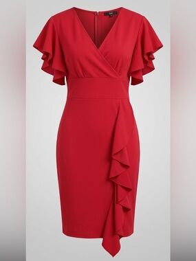 Knitee Red Faux Wrap Ruffle Dress 2XL Flutter Sleeve V-Neck Knee Length Sheath